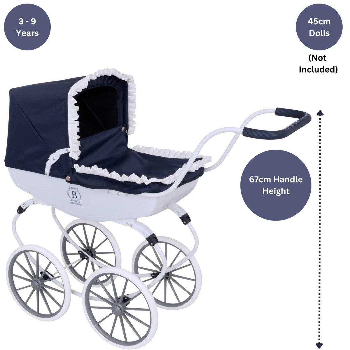 Bella Rosa Windsor Dolls Carriage Pram - Navy &amp; White