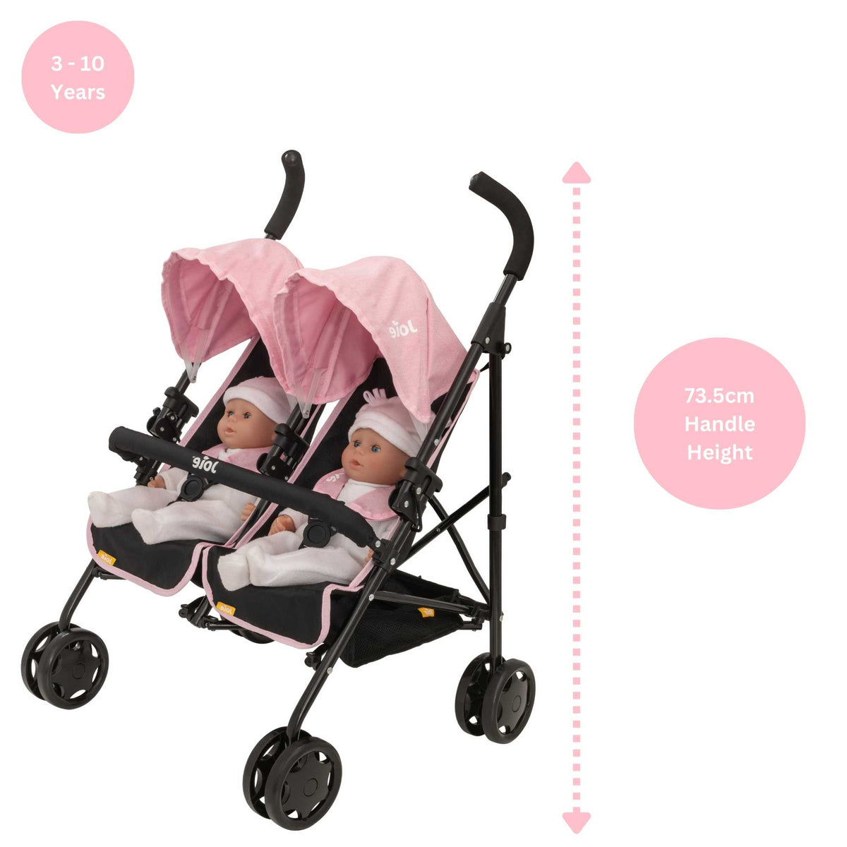 Joie Aire Twin Dolls Stroller in pink and black, designed with side-by-side seating for two dolls, adjustable handle height, swivel wheels, and a large storage basket, ideal for children to enjoy twin doll outings.