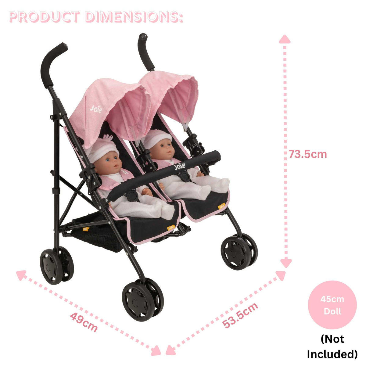 Joie Aire Twin Dolls Stroller in pink and black, designed with side-by-side seating for two dolls, adjustable handle height, swivel wheels, and a large storage basket, ideal for children to enjoy twin doll outings.