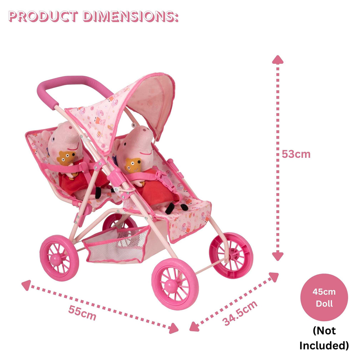 Peppa Pig Tandem Twin Doll Stroller: A pink double stroller with Peppa Pig graphics, designed for carrying two dolls side by side, ideal for toddlers and imaginative play.