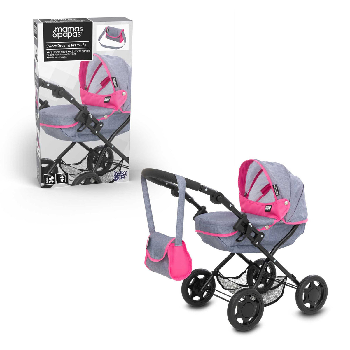 Mamas and Papas Junior Sweet Dreams Dolls Pram, featuring a vintage-inspired design with sturdy frame, adjustable handle height, and smooth-rolling wheels, perfect for imaginative play with dolls.