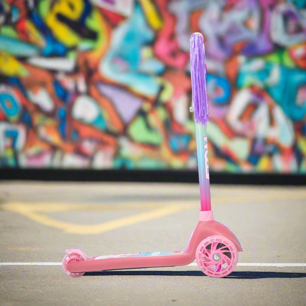 ATOM Eclipse Kids 3 Wheeled Scooter in magical unicorn theme, showcasing a sturdy design, colorful unicorn graphics, and a fun, kid-friendly style perfect for young riders