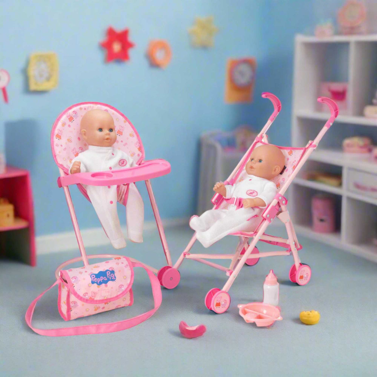 Peppa Pig Nursery Bundle - 7 Piece Playset: A colourful Peppa Pig-themed toy set including a high chair, stroller, Feeding set, perfect for toddlers&#39; imaginative play and doll care.