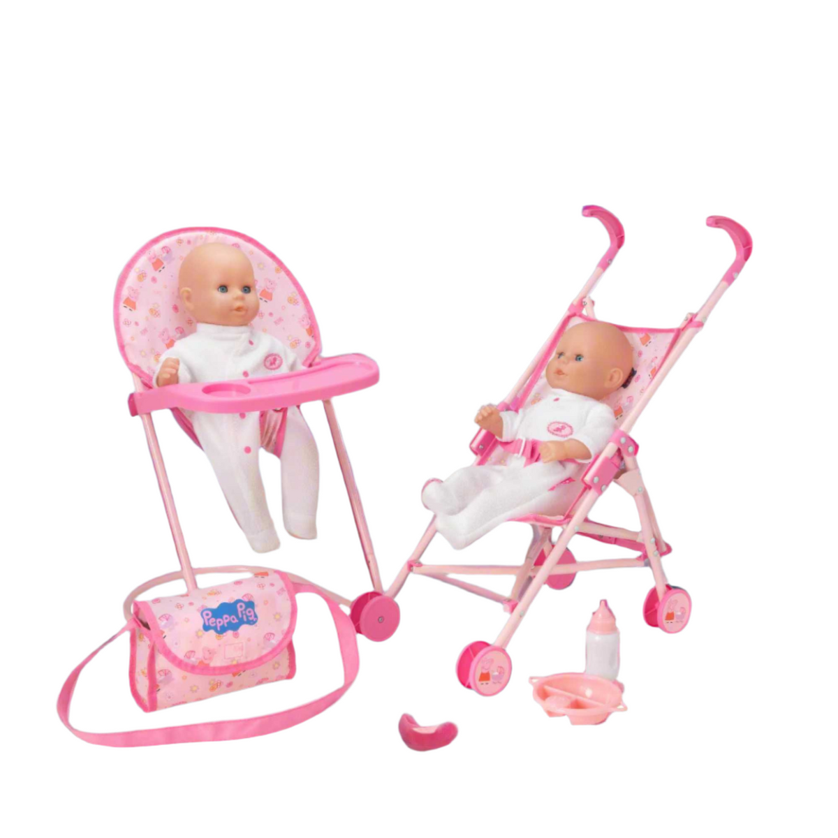 Peppa Pig Nursery Bundle - 7 Piece Playset: A colourful Peppa Pig-themed toy set including a high chair, stroller, Feeding set, perfect for toddlers&#39; imaginative play and doll care.