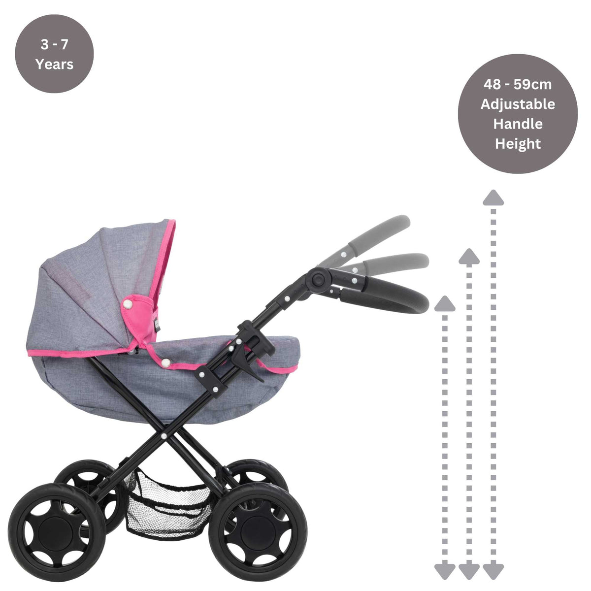 Mamas and Papas Junior Sweet Dreams Dolls Pram, featuring a vintage-inspired design with sturdy frame, adjustable handle height, and smooth-rolling wheels, perfect for imaginative play with dolls.