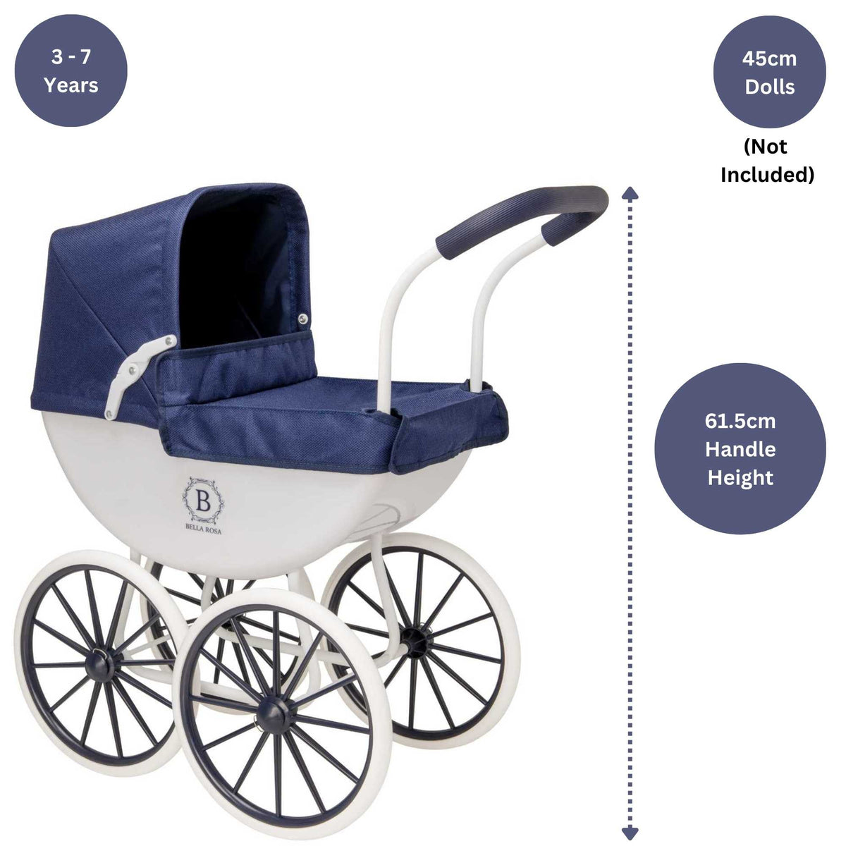 Bella Rosa My First Carriage Pram - Navy - Classic navy pram designed for dolls, perfect for young children to enjoy imaginative and nurturing play.
