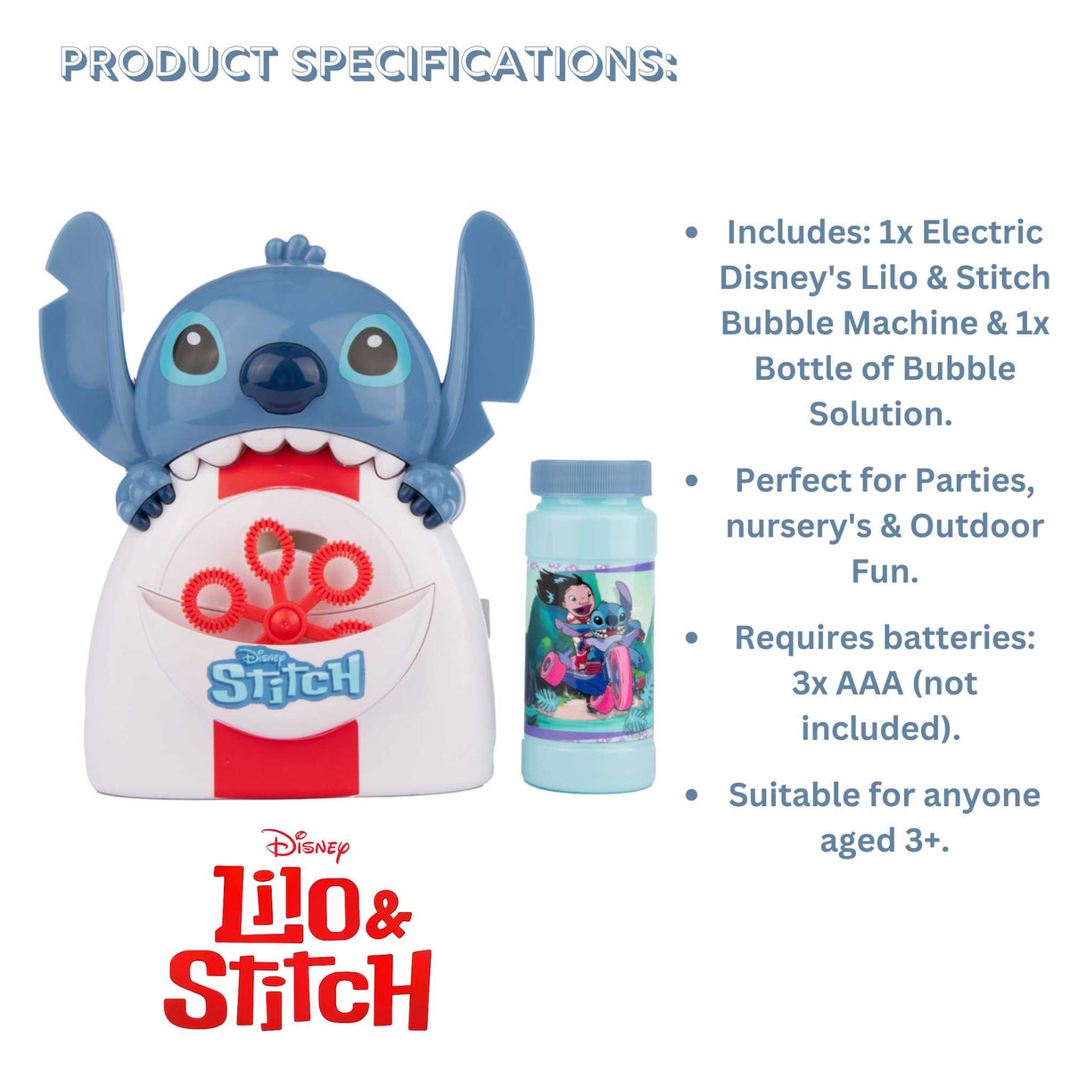 Stitch Bubble Machine featuring Disney&#39;s Stitch design, blowing hundreds of bubbles for kids&#39; outdoor fun, perfect for playdates, parties, and active play.