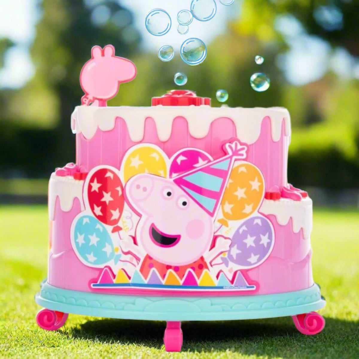 Peppa Pig Birthday Cake Bubble Machine featuring fun cake design, blowing bubbles for kids&#39; parties, playdates, and outdoor activities, perfect for Peppa Pig fans.