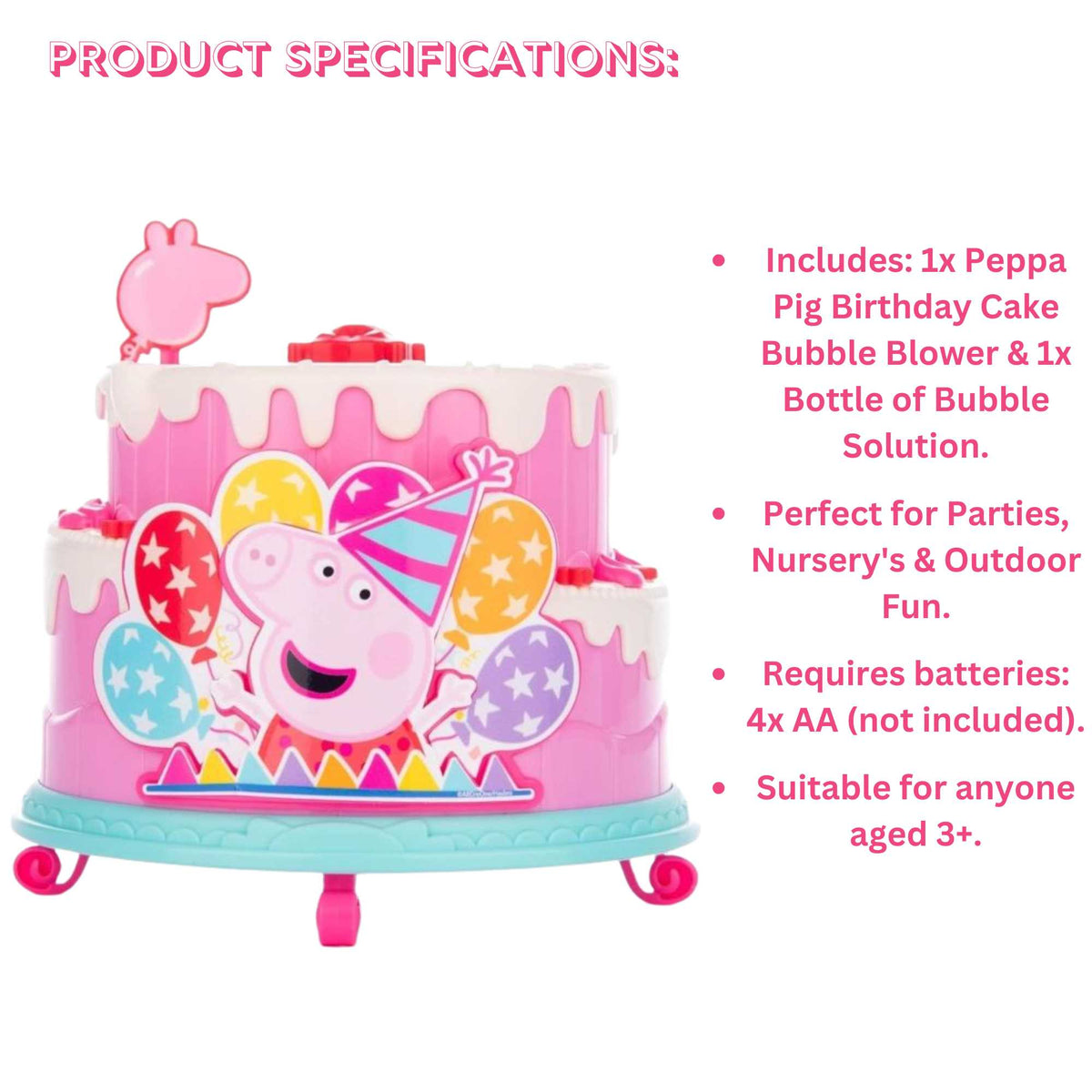 Peppa Pig Birthday Cake Bubble Machine featuring fun cake design, blowing bubbles for kids&#39; parties, playdates, and outdoor activities, perfect for Peppa Pig fans.