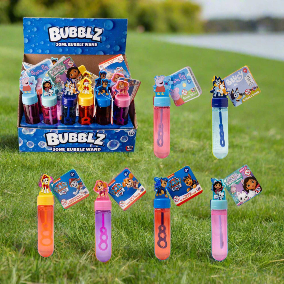 24-pack of bubble wands featuring Peppa Pig, Bluey, Chase, Skye, Marshall from Paw Patrol, and Gabby&#39;s Dollhouse characters, colorful bubble toys for kids&#39; parties, outdoor play, and party favors.