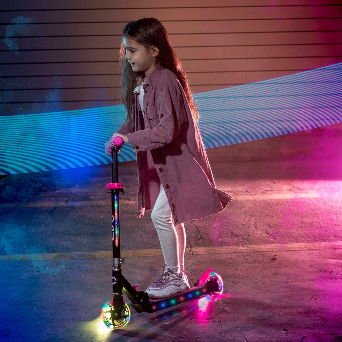 EVO Children&#39;s Light Up Light Blast Scooter for Kids Ages 5 and Up with LED Wheels and Adjustable Handlebar , perfect for enhancing motor skills and outdoor fun.