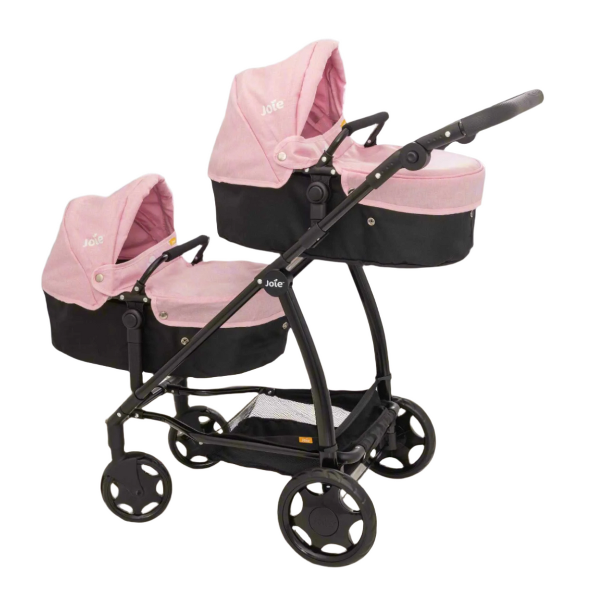 Joie Evalite Twin Dolls Pram with 9 play modes, featuring a stylish design in pink and black, adjustable handle height, swivel wheels, and a large storage basket, perfect for versatile and imaginative play with dolls.