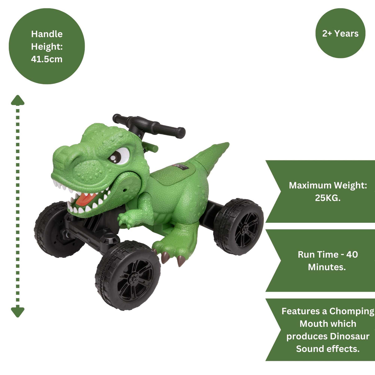 ATOM Dino Quad Battery Operated Ride-On Toy for kids, featuring a dinosaur-themed design, four rugged wheels, and easy-to-use controls, perfect for adventurous outdoor play.