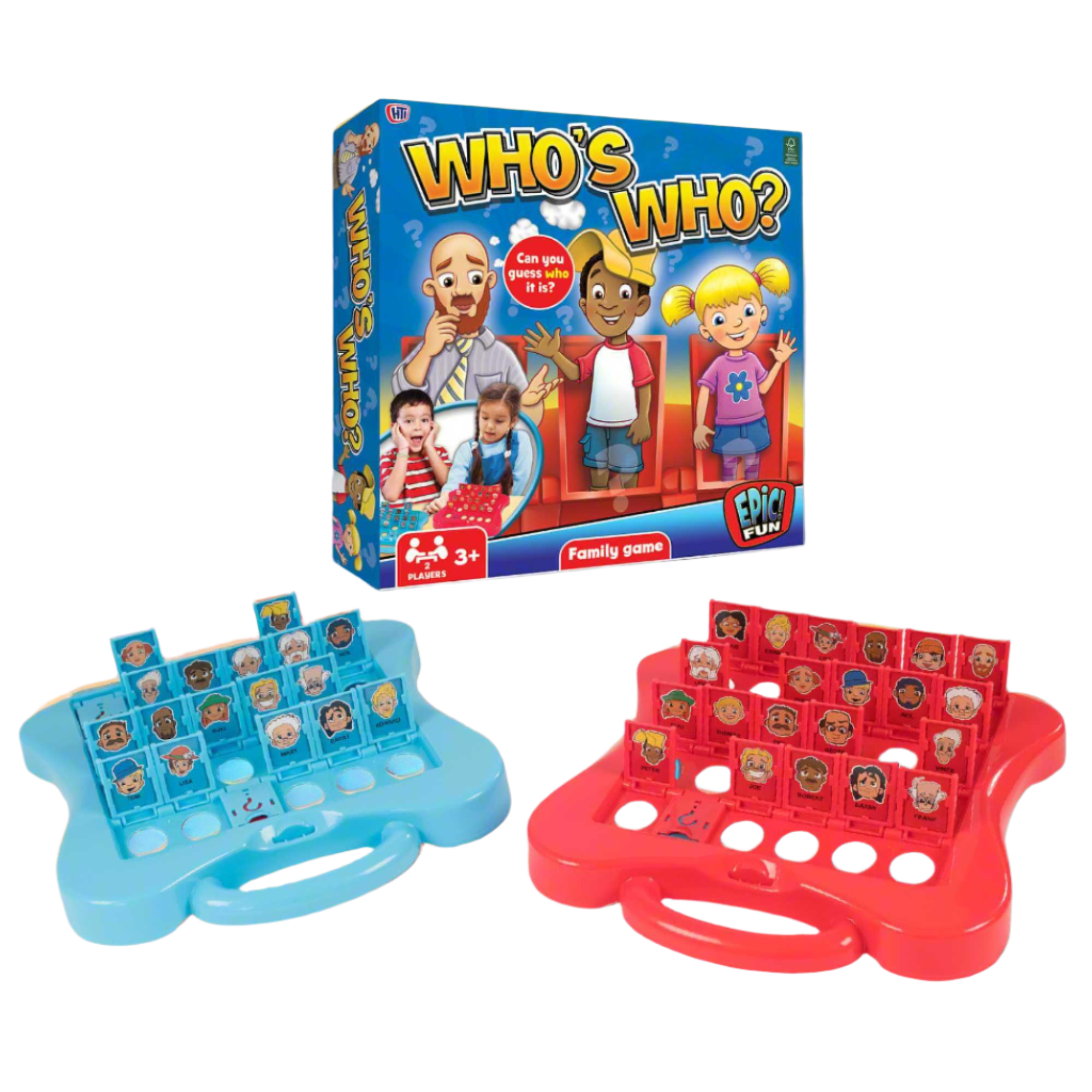 Epic Fun Who's Who Game with colourful character cards and game boards, ideal for family game nights and engaging guessing fun for all ages.