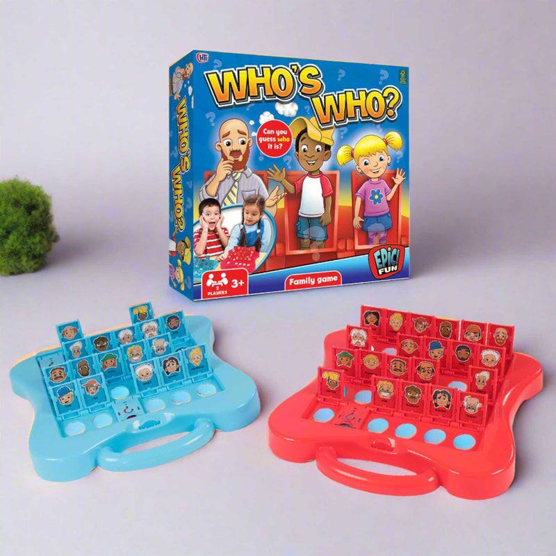 Epic Fun Who's Who Game with colourful character cards and game boards, ideal for family game nights and engaging guessing fun for all ages.