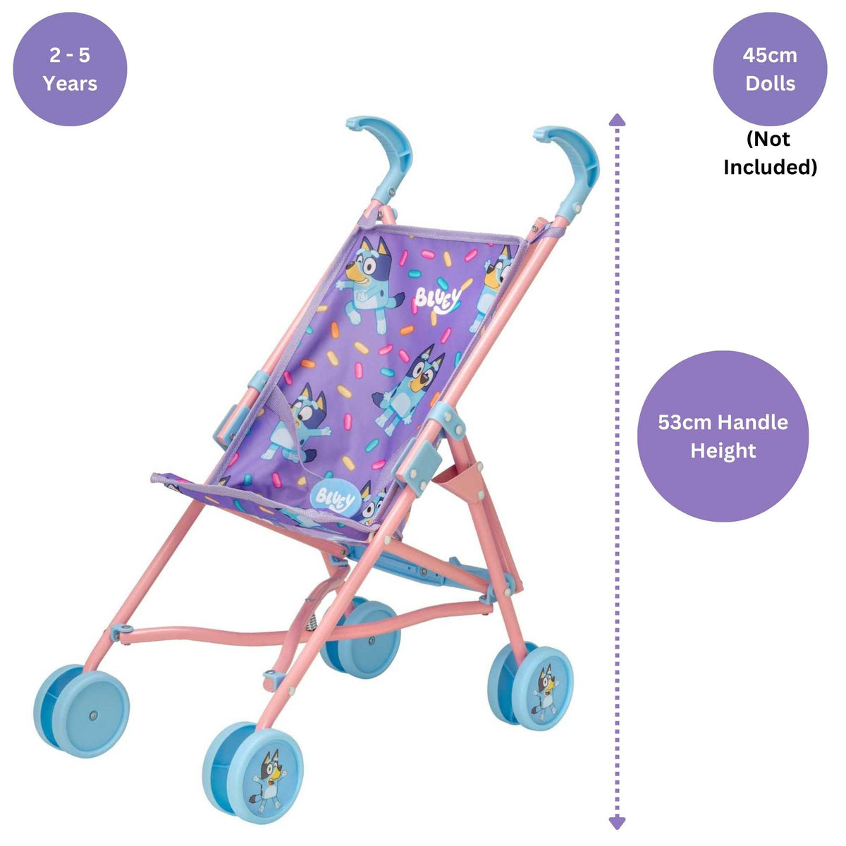 Bluey Junior Dolls Stroller - Compact and lightweight stroller designed for dolls, featuring Bluey, ideal for young children to enjoy imaginative and on-the-go play.