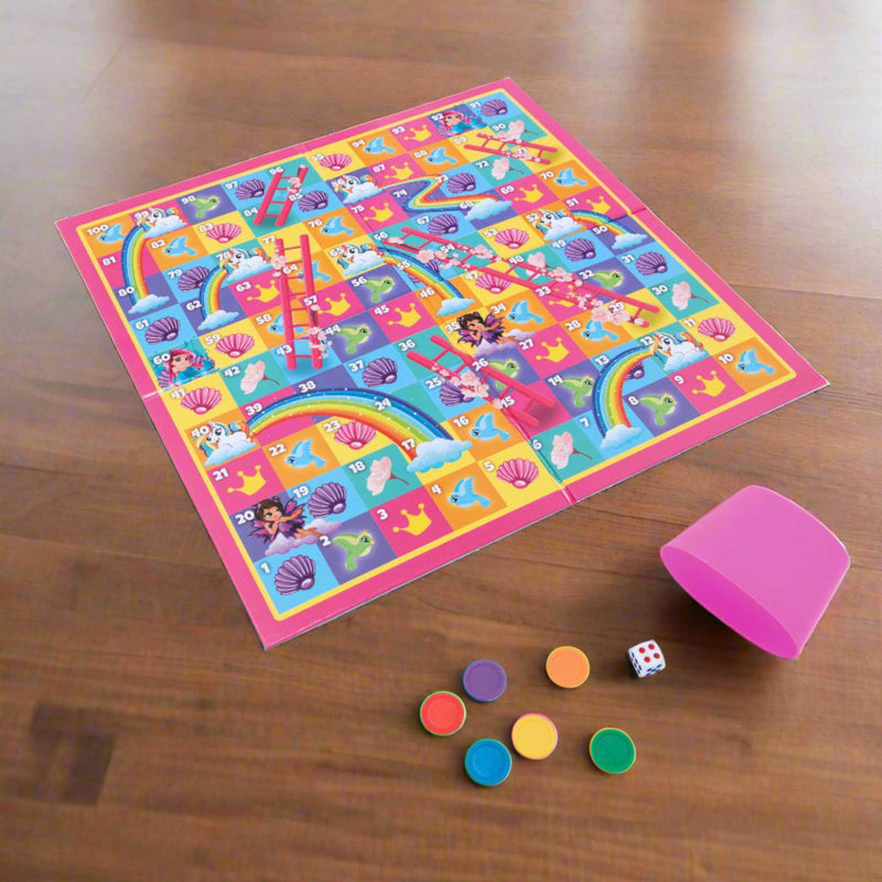 Epic Fun Magical Snake & Ladders Board Game featuring a colorful game board with whimsical snakes and ladders, perfect for family game nights and engaging play for all ages.