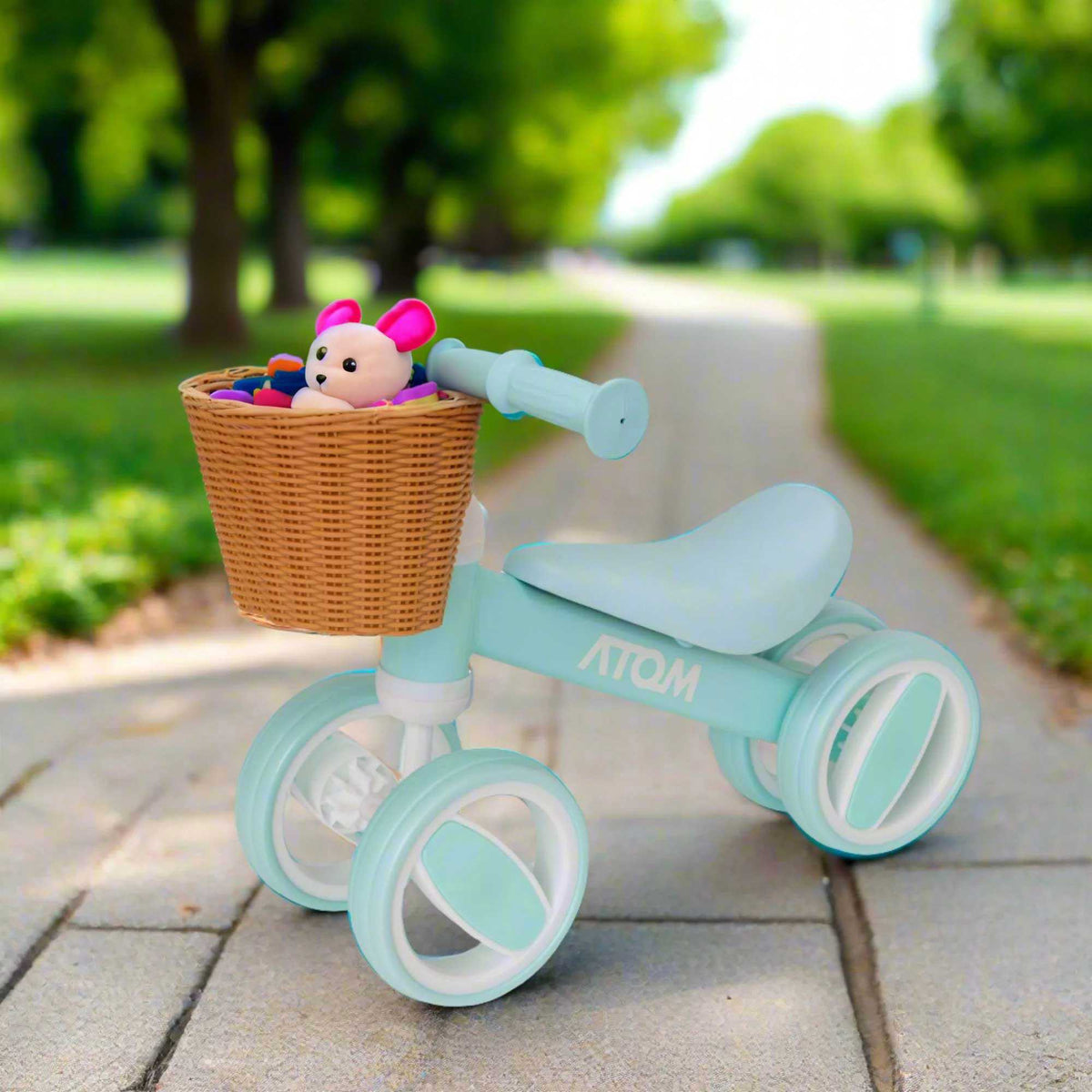 Atom Bobble Bike with Basket in Mint Green, charming children&#39;s bicycle with front basket. Perfect Balance Bike for training.