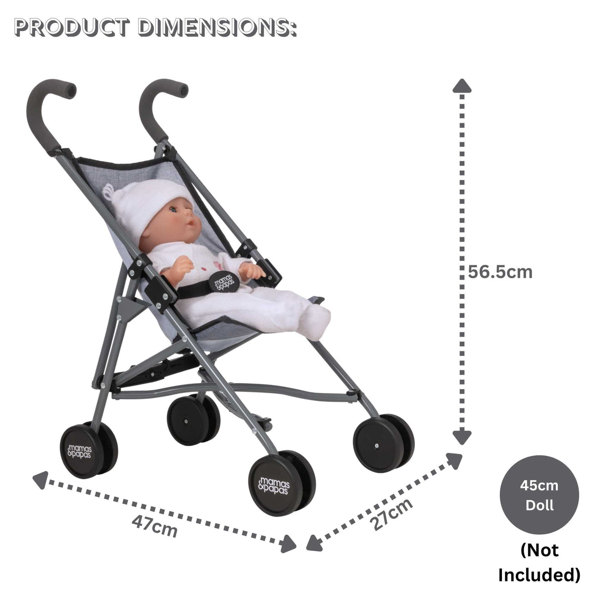 Mamas &amp; Papas Junior Doll Stroller in grey, featuring a foldable and lightweight design for easy storage and portability, ideal for children&#39;s imaginative play with dolls.