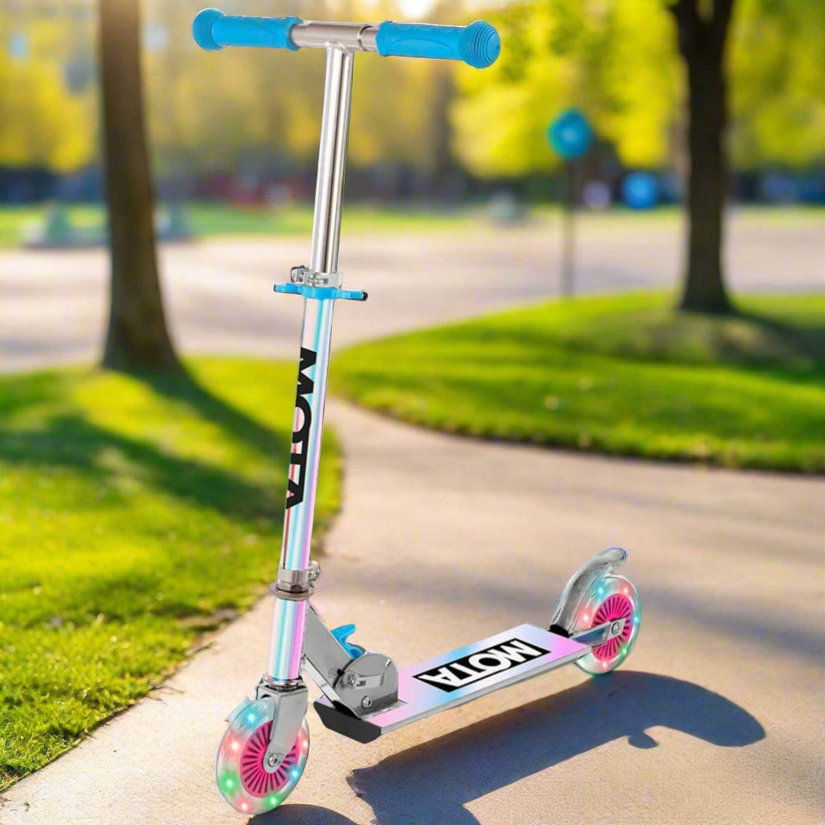 ATOM Inline Children&#39;s Kick Scooter in bright colours, designed for kids with a sturdy frame, adjustable handlebars, and smooth-rolling wheels, perfect for outdoor fun and active play.