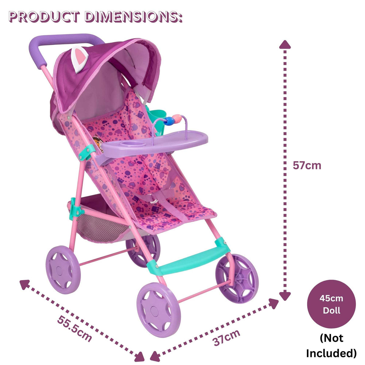 Bright and fun toy pushchair inspired by Gabby&#39;s Dollhouse, ideal for kids to push their favourite dolls and toys. Features a durable frame, smooth-rolling wheels, and colourful designs with beloved characters from the series.