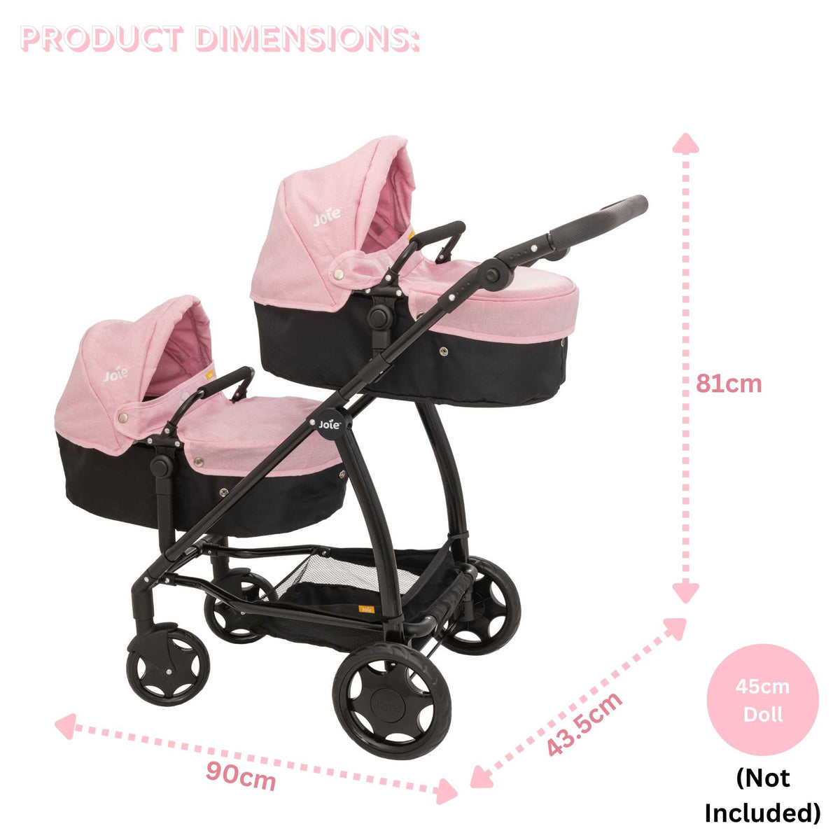 Joie Evalite Twin Dolls Pram with 9 play modes, featuring a stylish design in pink and black, adjustable handle height, swivel wheels, and a large storage basket, perfect for versatile and imaginative play with dolls.