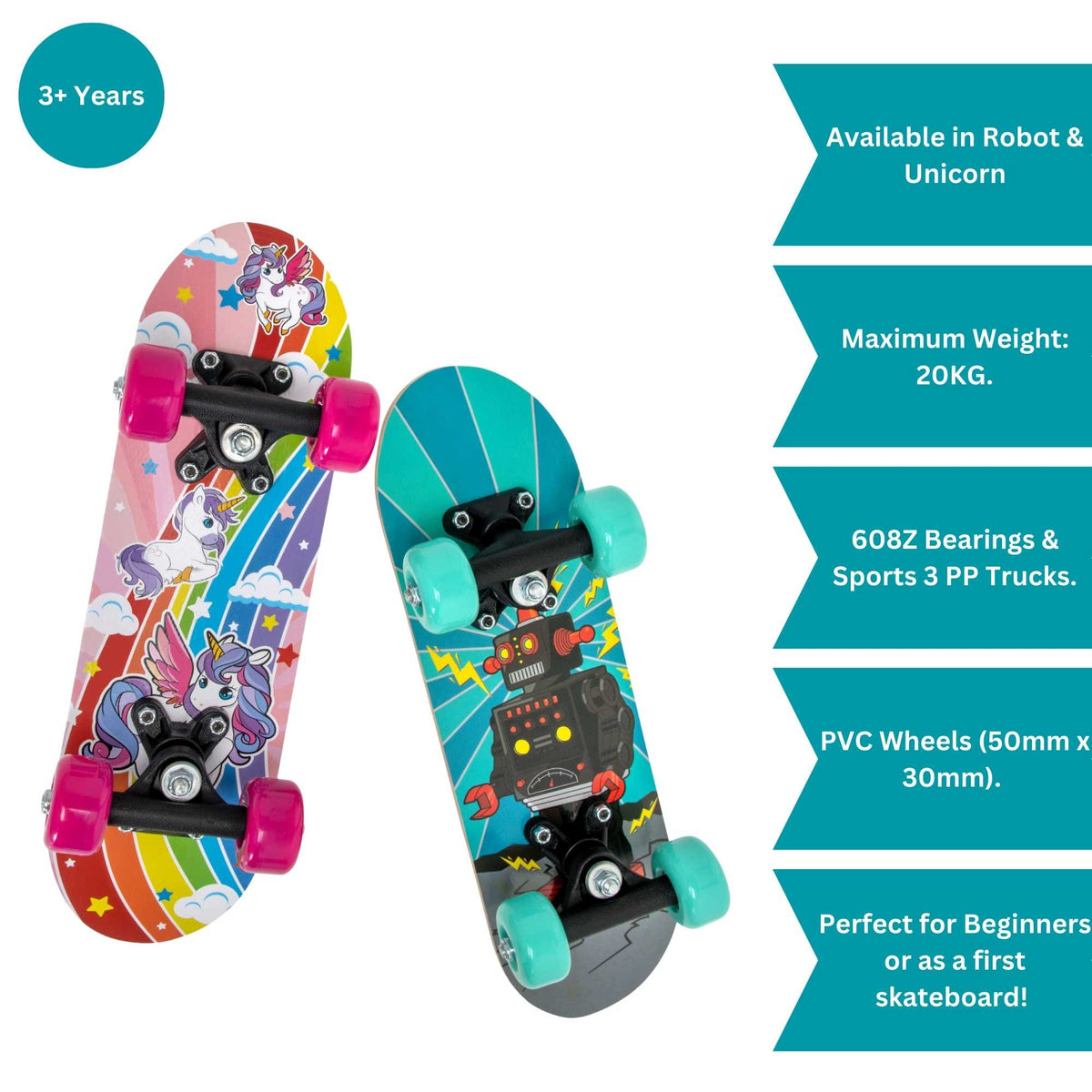 ATOM 17-inch Children&#39;s Skateboard with a vibrant graphic design, durable deck, and smooth-rolling wheels, ideal for young beginners learning to skateboard.