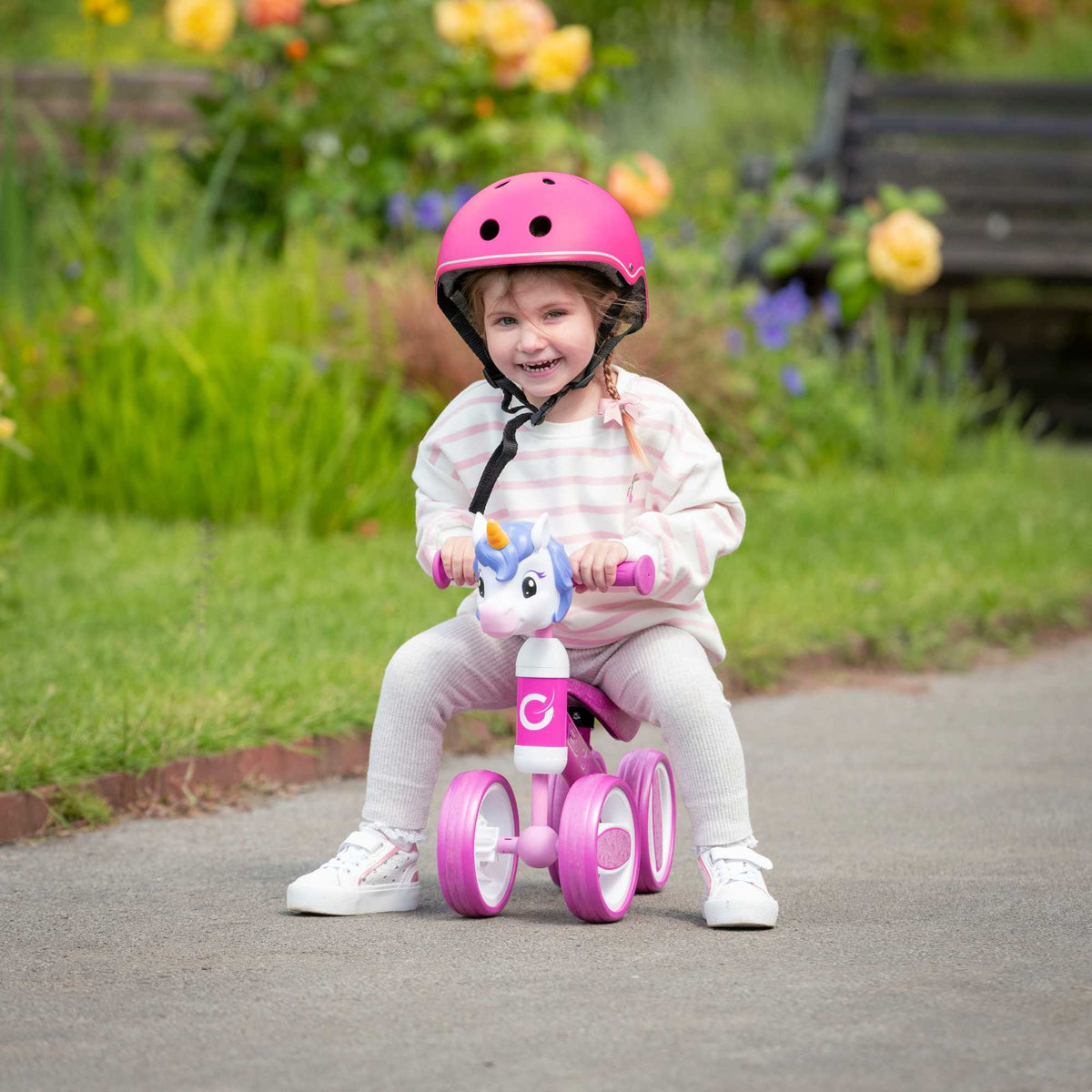 Fun and colourful EVO Character Heads Bobble Bike featuring adorable Unicorn and Dino designs for kids, perfect for teaching children balance and coordination.