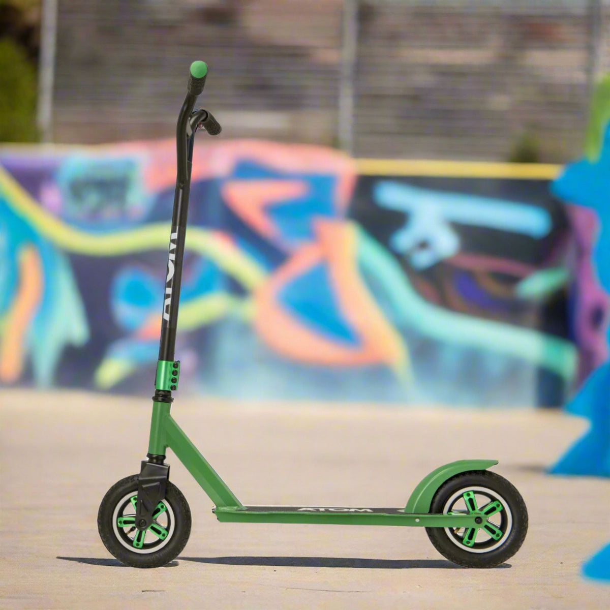 ATOM Dirt Rider Scooter in Green, durable off-road scooter designed for rugged terrains and adventurous rides