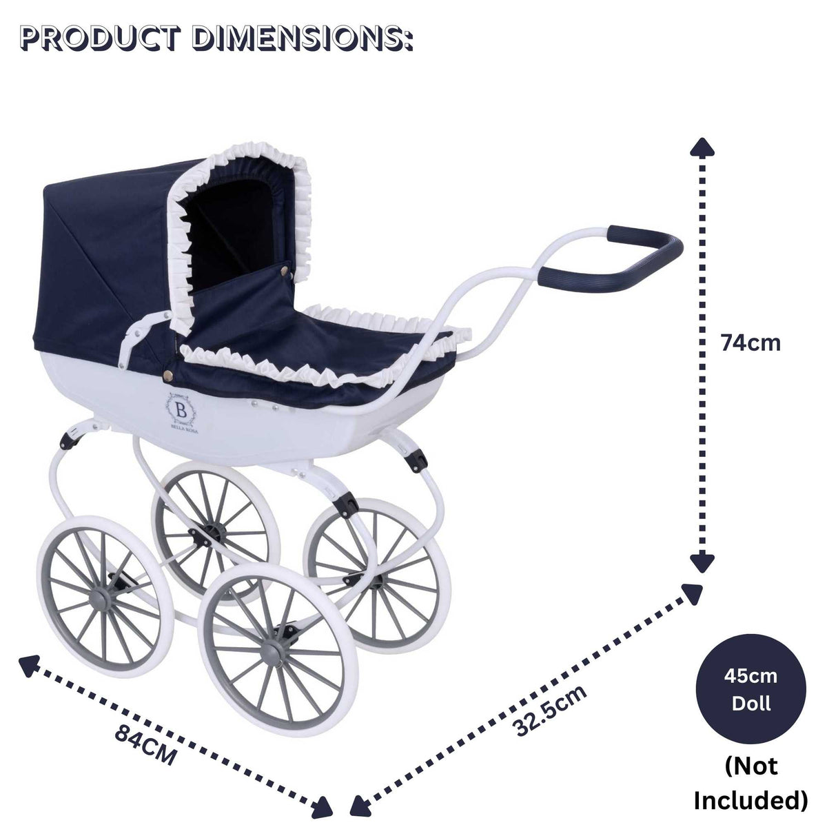 Bella Rosa Windsor Dolls Carriage Pram - Navy &amp; White Prams