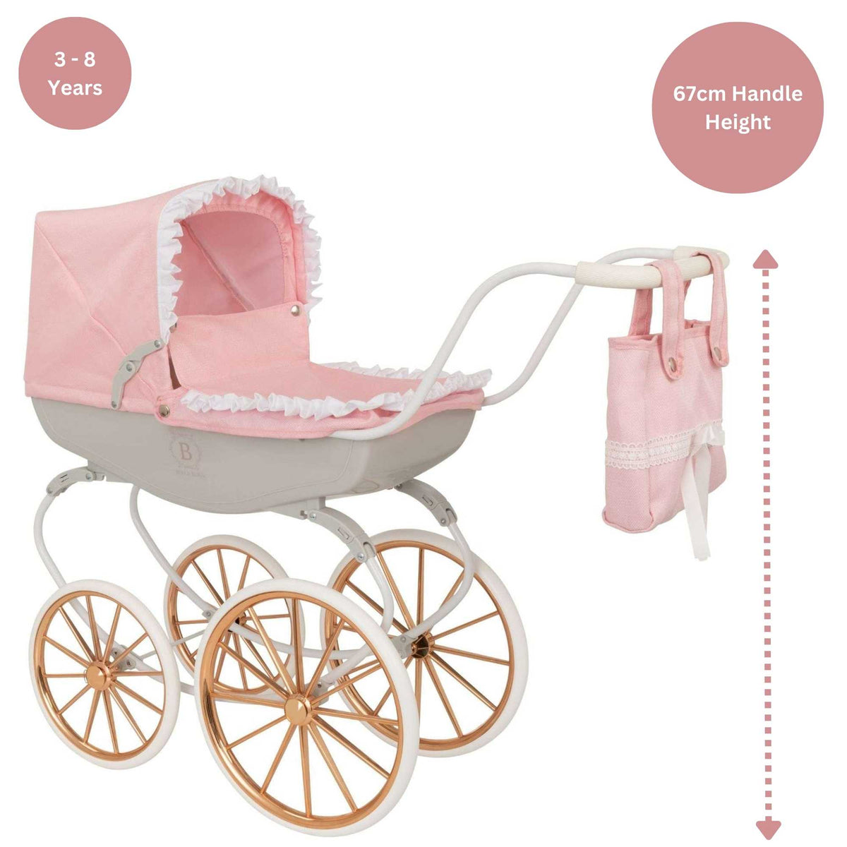 Bella Rosa Cambridge Carriage Dolls Pram - Pink &amp; Rose Gold - Luxurious pink and rose gold pram designed for dolls, offering a stylish and elegant accessory for imaginative play