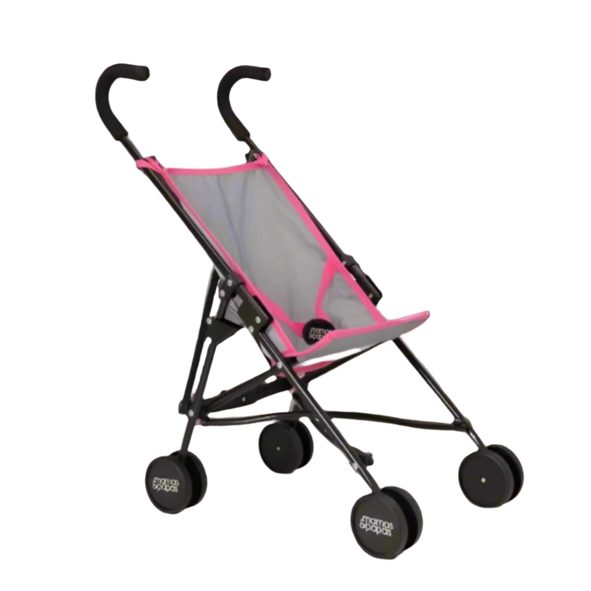 Mamas & Papas Junior Doll Stroller in pink and grey, featuring a foldable and lightweight design for easy storage and portability, ideal for children's imaginative play with dolls.
