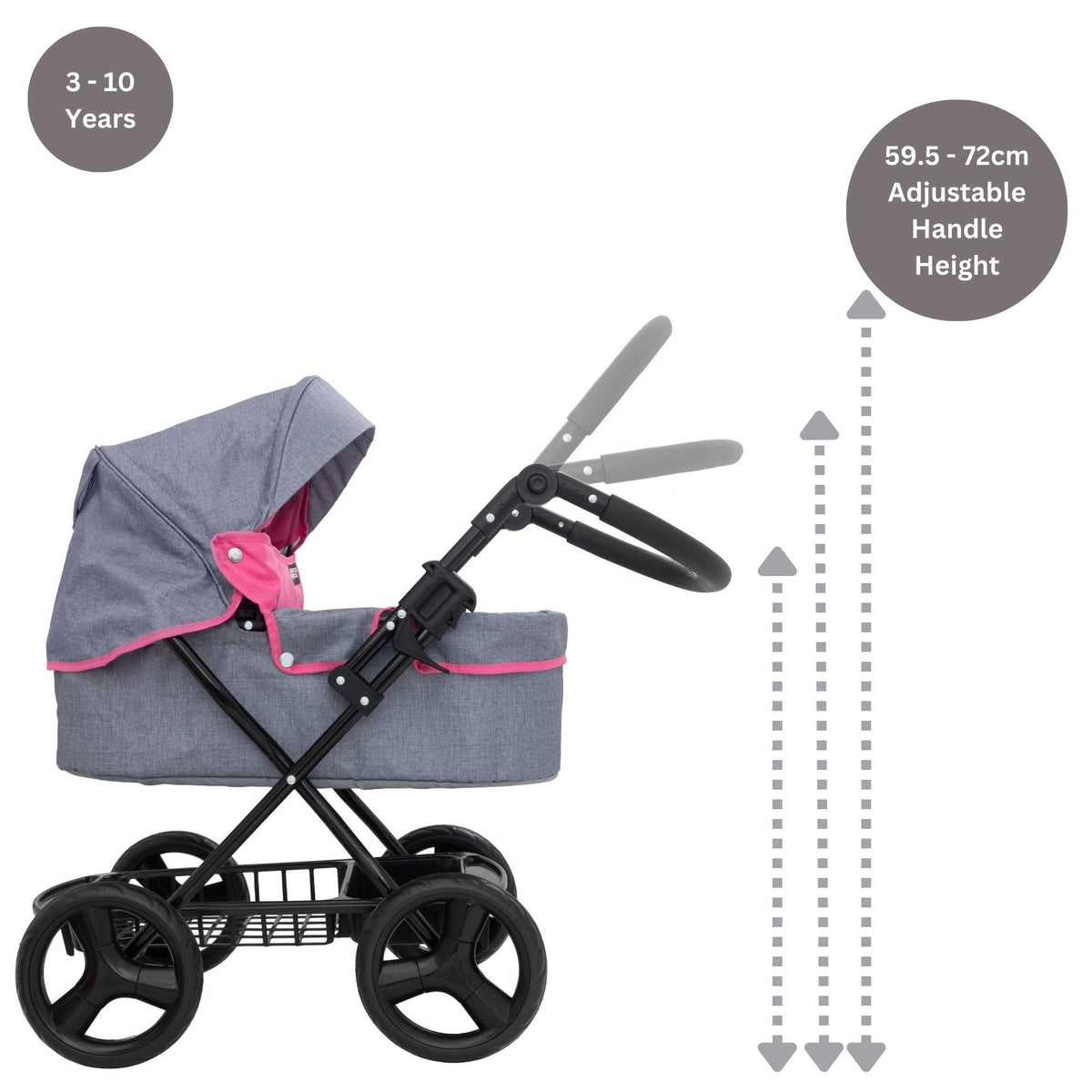 Mamas &amp; Papas Junior Ultima Dolls Pram, designed for children&#39;s play, featuring a classic and sturdy frame, adjustable handle height, and smooth-rolling wheels, ideal for nurturing imaginative play with dolls.