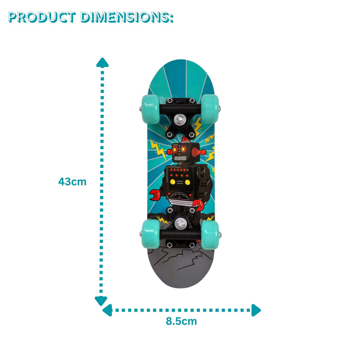 ATOM 17-inch Children&#39;s Skateboard with a vibrant graphic design, durable deck, and smooth-rolling wheels, ideal for young beginners learning to skateboard.