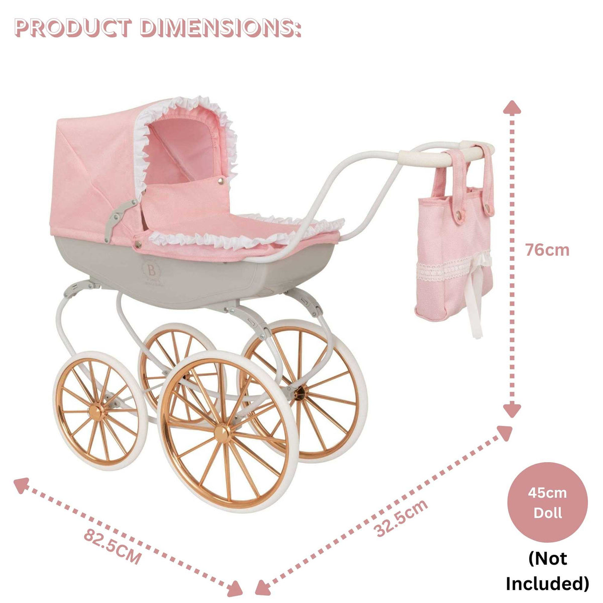 Bella Rosa Cambridge Carriage Dolls Pram - Pink &amp; Rose Gold - Luxurious pink and rose gold pram designed for dolls, offering a stylish and elegant accessory for imaginative play