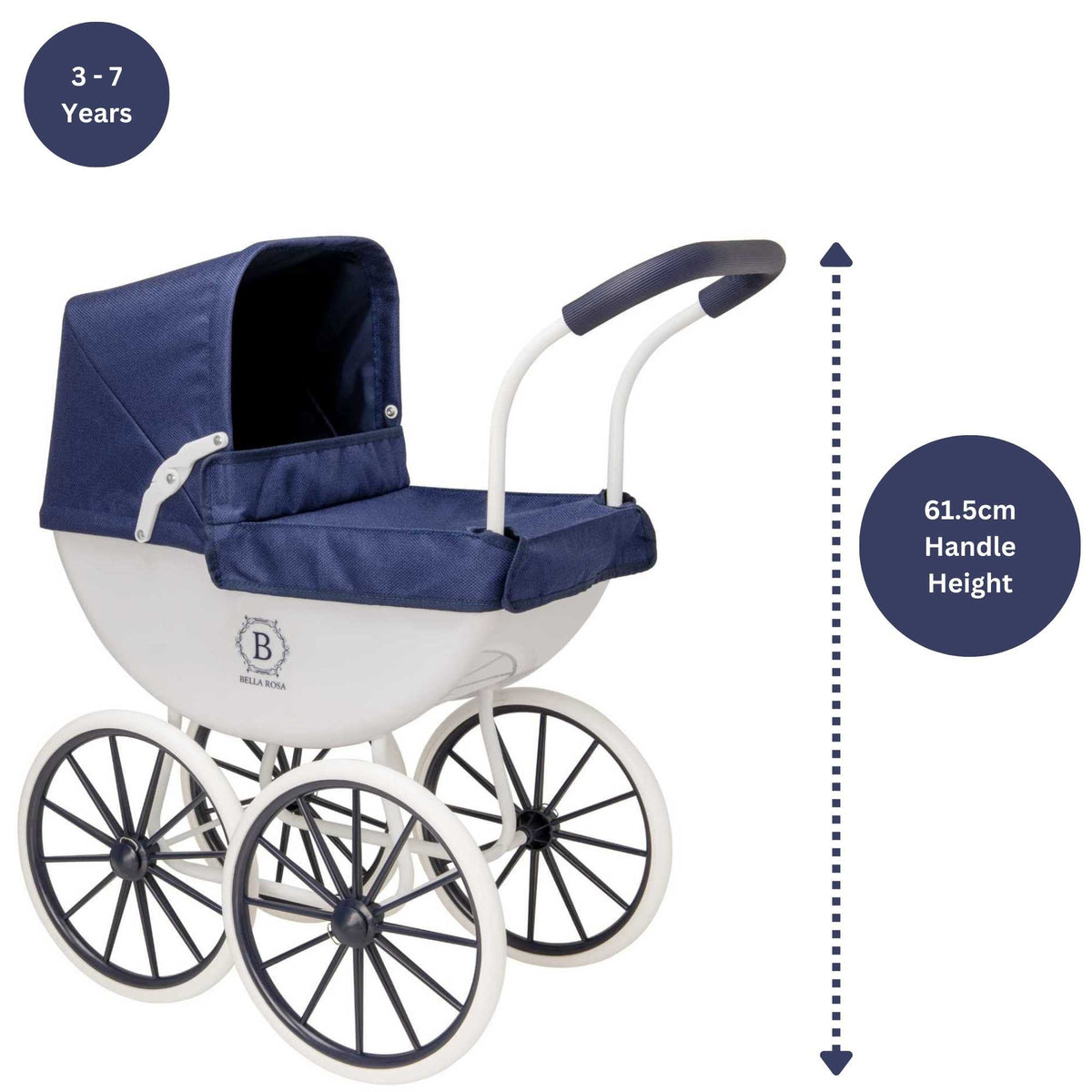 Bella Rosa My First Carriage Pram - Navy - Classic navy pram designed for dolls, perfect for young children to enjoy imaginative and nurturing play.