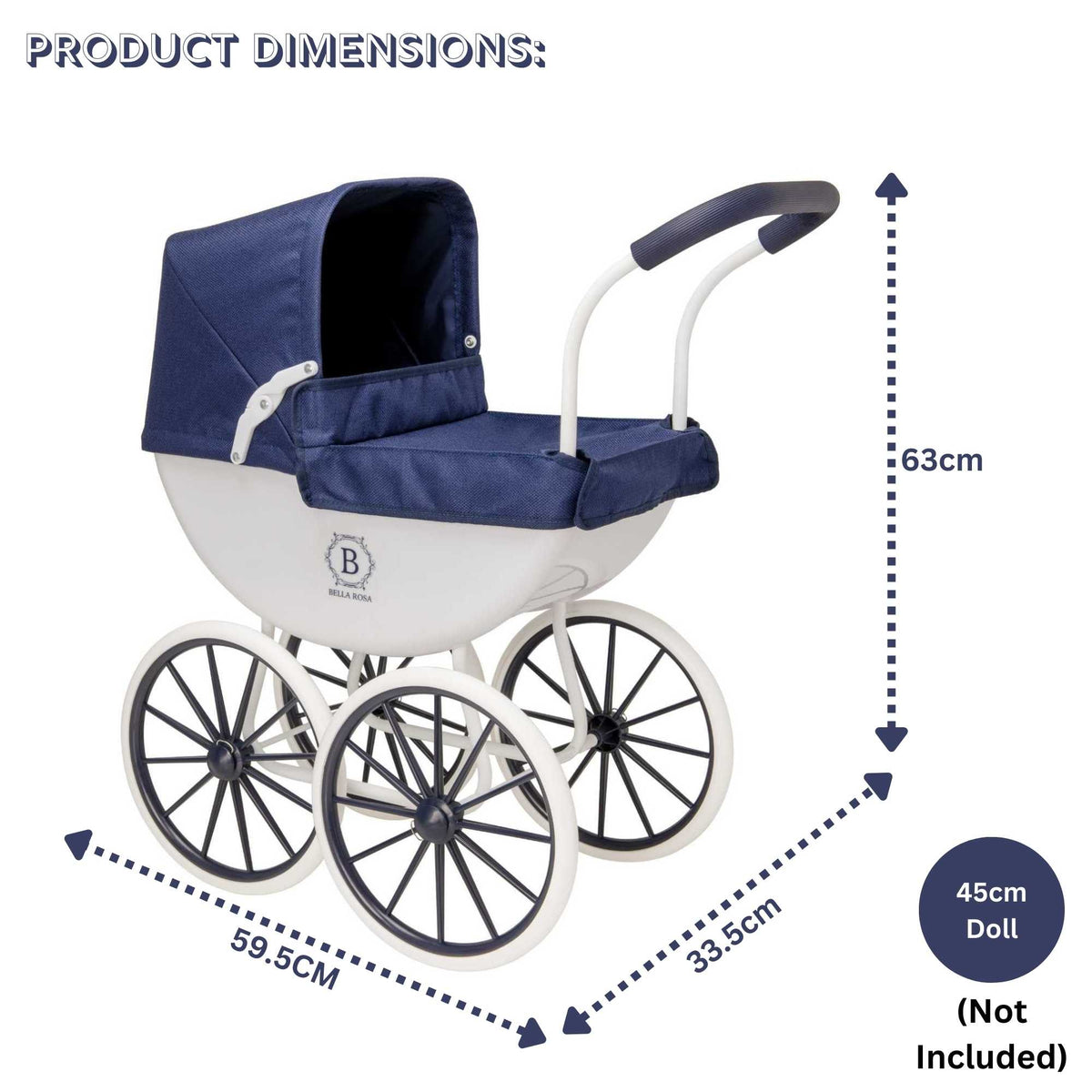 Bella Rosa My First Carriage Pram - Navy - Classic navy pram designed for dolls, perfect for young children to enjoy imaginative and nurturing play.