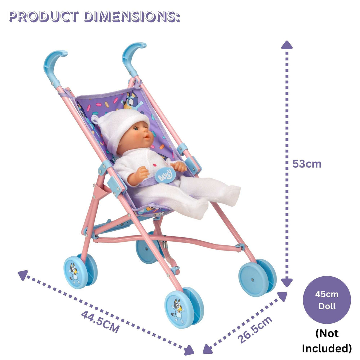 Bluey Junior Dolls Stroller - Compact and lightweight stroller designed for dolls, featuring Bluey, ideal for young children to enjoy imaginative and on-the-go play.
