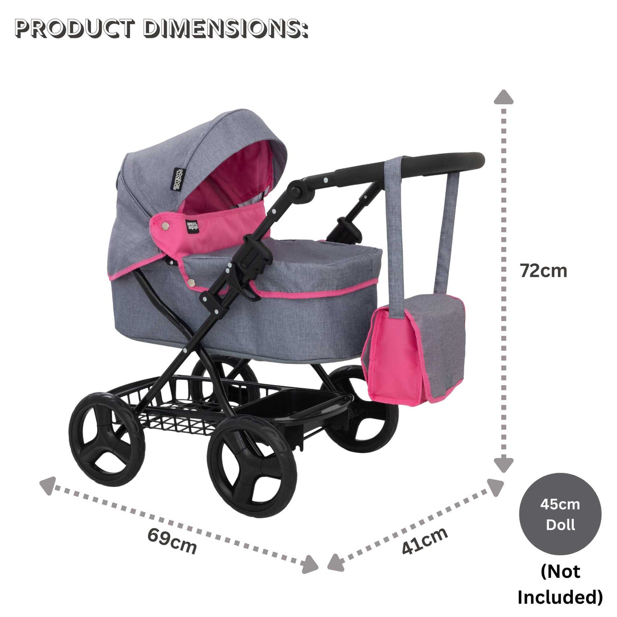 Mamas &amp; Papas Junior Ultima Dolls Pram, designed for children&#39;s play, featuring a classic and sturdy frame, adjustable handle height, and smooth-rolling wheels, ideal for nurturing imaginative play with dolls.