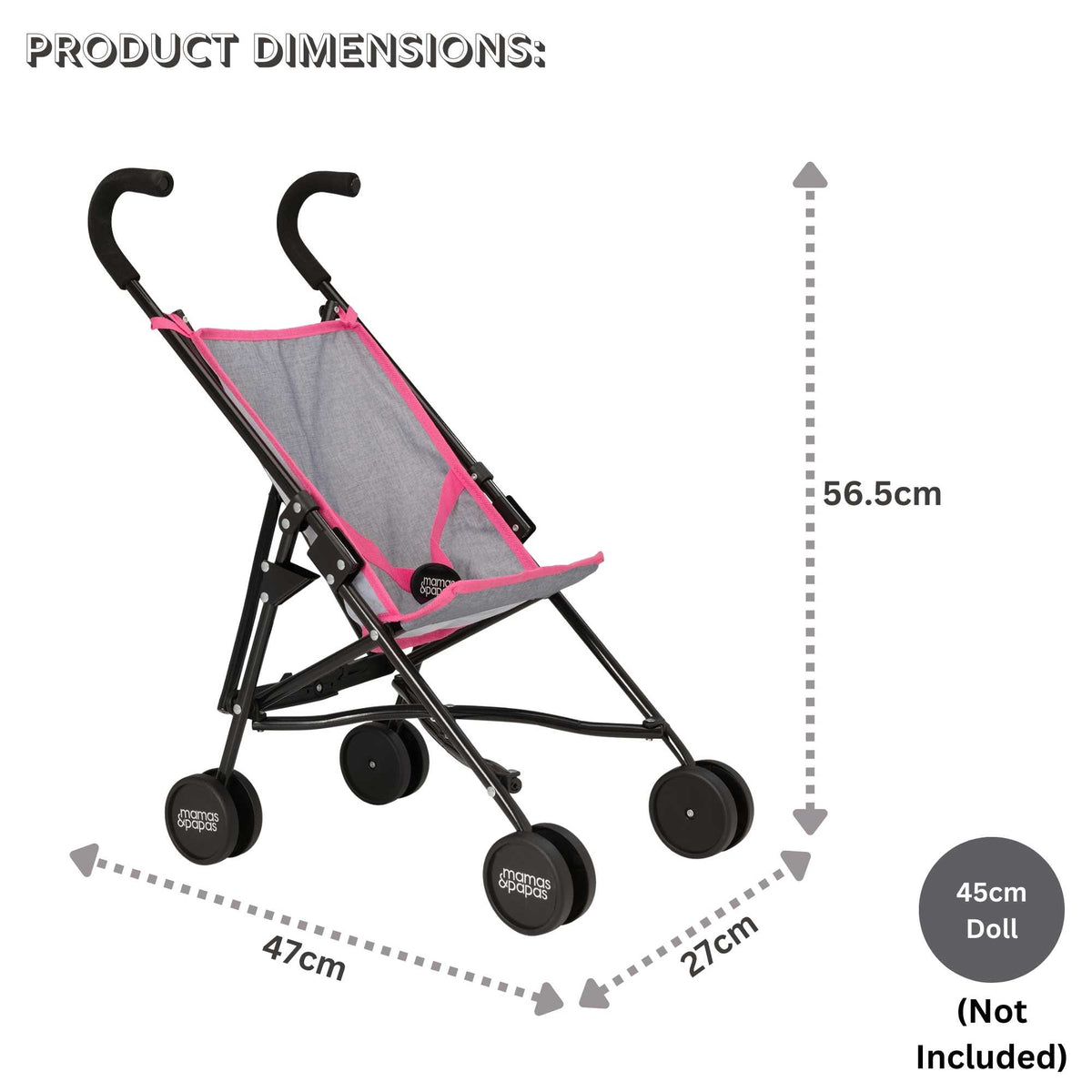 Mamas &amp; Papas Junior Doll Stroller in pink and grey, featuring a foldable and lightweight design for easy storage and portability, ideal for children&#39;s imaginative play with dolls.