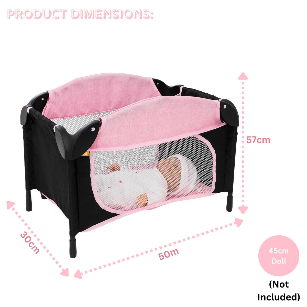 Joie Sleep &amp; Dream Dolls Travel Cot, a compact and foldable design in pink and grey, featuring breathable mesh sides and a sturdy frame, ideal for children to use for their dolls during playtime and travel