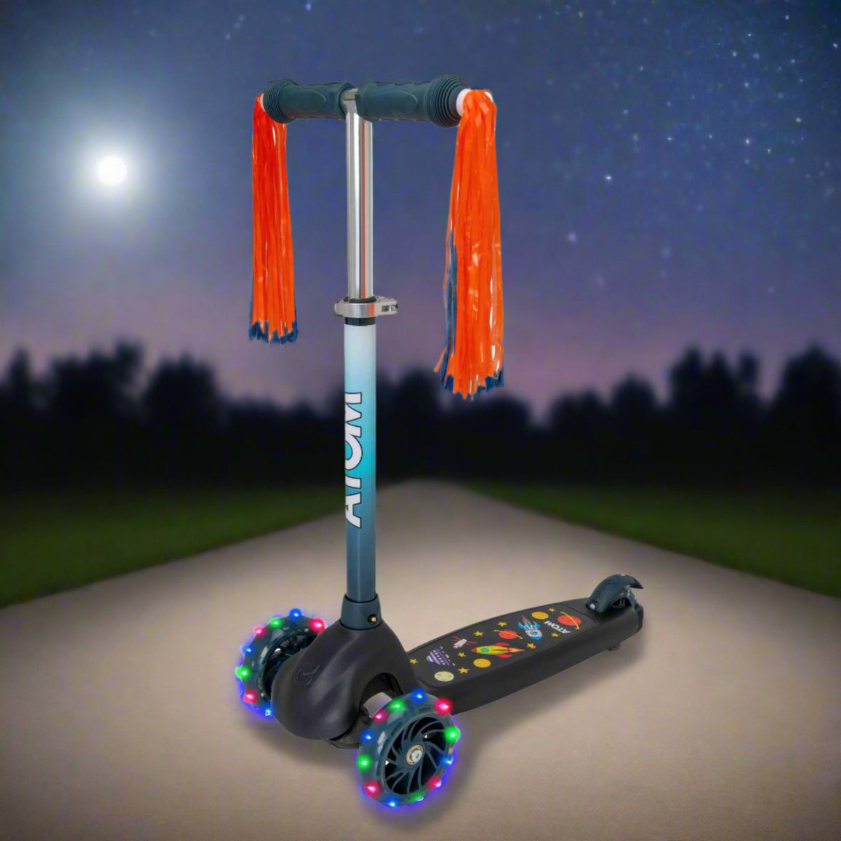 ATOM Eclipse Kids 3 Wheeled Scooter in vibrant solar theme, featuring a sturdy design, bright colors, and a space-inspired pattern perfect for young riders