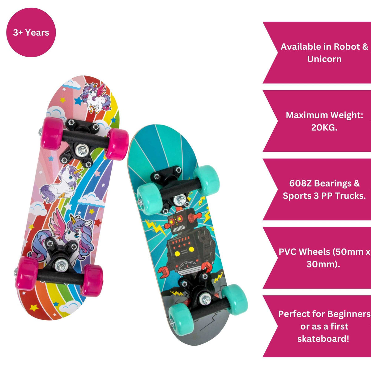 ATOM 17-inch Children&#39;s Skateboard with a vibrant graphic design, durable deck, and smooth-rolling wheels, ideal for young beginners learning to skateboard.