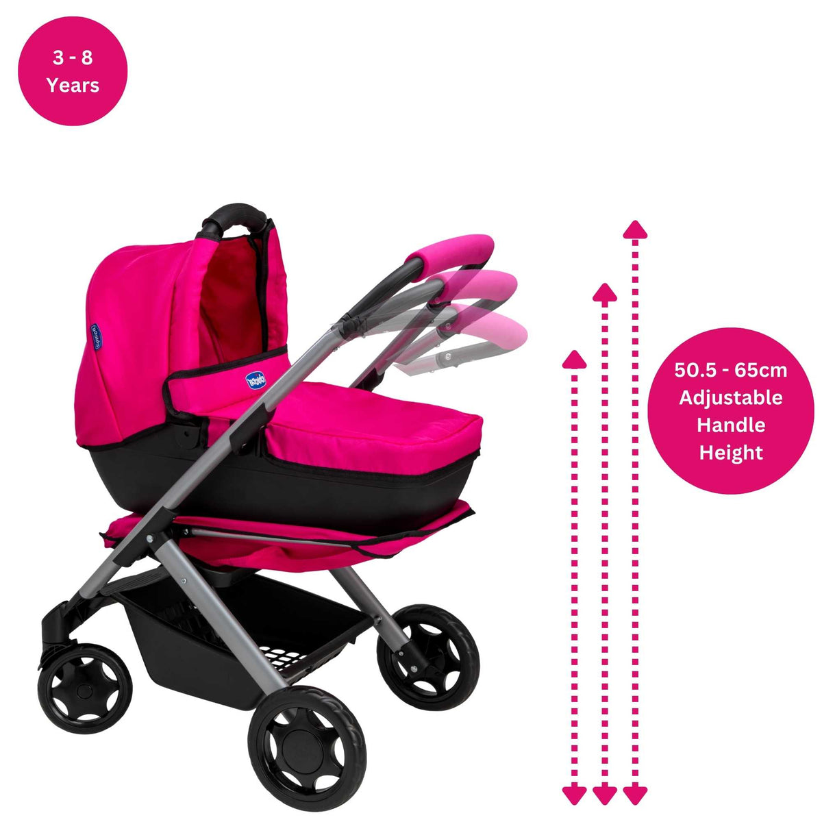 Chicco Junior 3-IN-1 Dolls Pram - Versatile Toy Stroller, Carrycot, and Pram for Dolls
