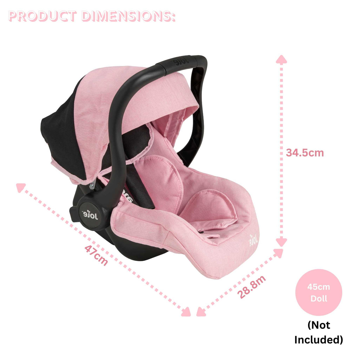 Joie I-Gemm Dolls Car Seat in pink and black, featuring a realistic design with secure harness, padded interior, and carry handle, perfect for children to safely transport their dolls during playtime