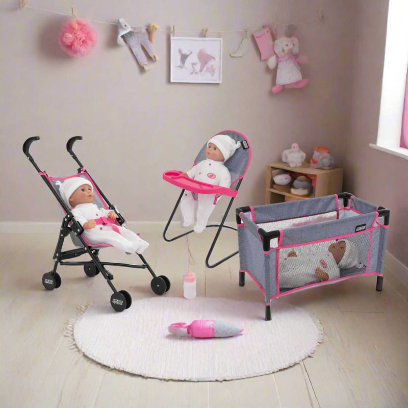 Mamas & Papas Dolls Nursery Playset featuring a variety of accessories for imaginative play, including a crib, high chair, and accessories, perfect for nurturing pretend play with dolls.