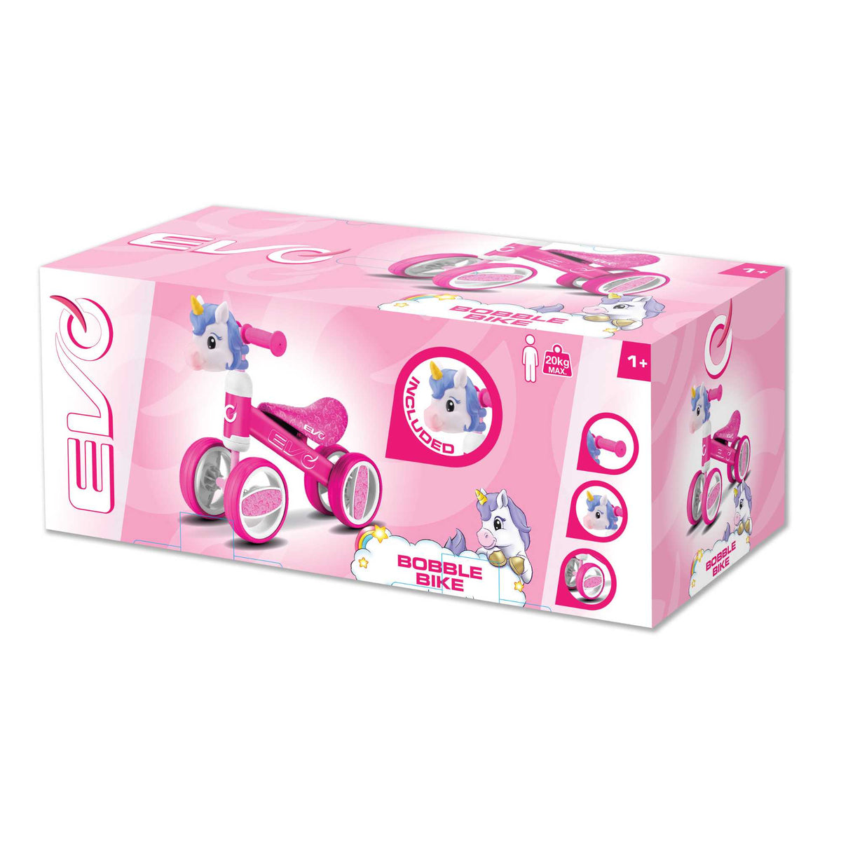 Fun and colourful EVO Character Heads Bobble Bike featuring adorable Unicorn and Dino designs for kids, perfect for teaching children balance and coordination.