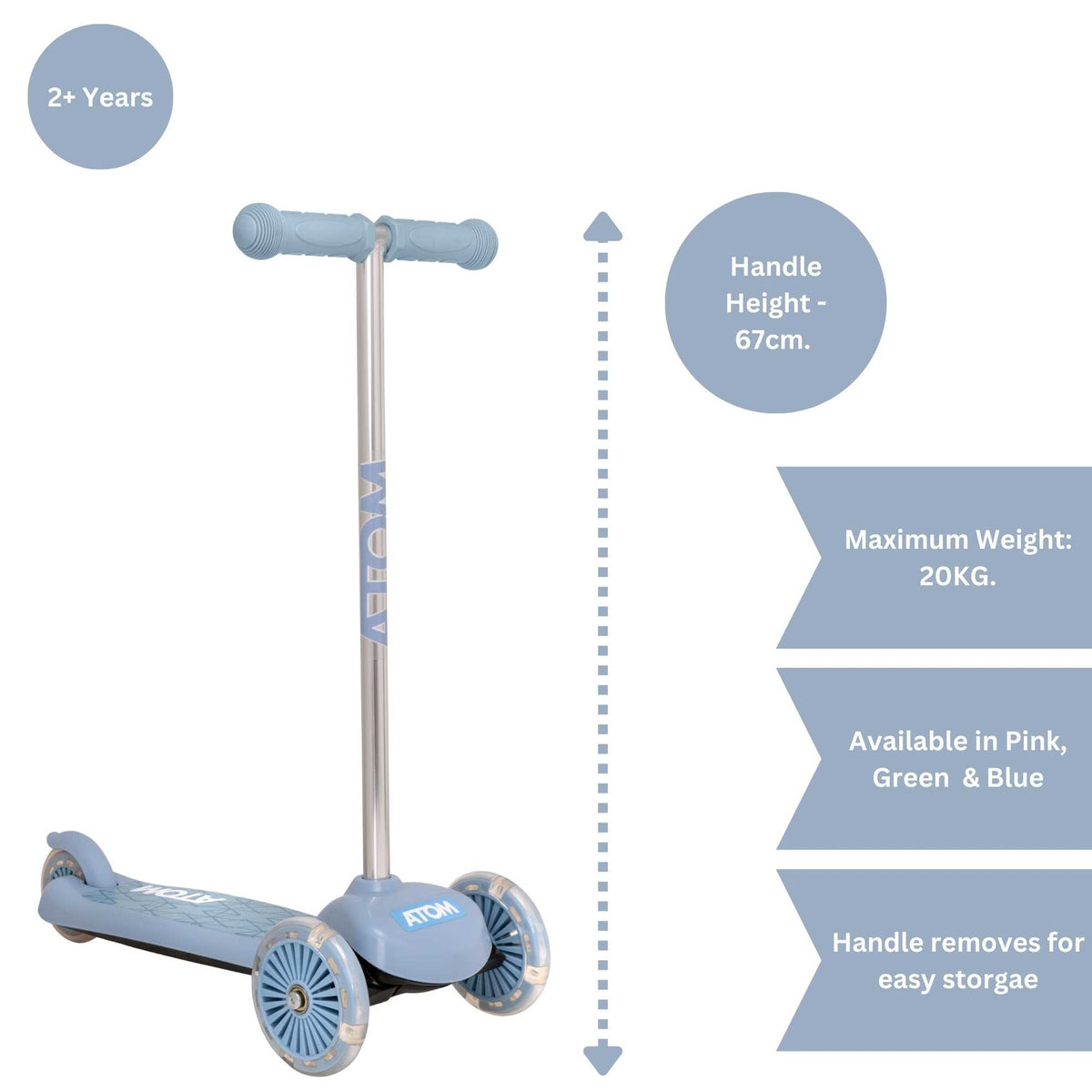 ATOM Move N Groove Light Up 3-wheeled scooter with flashing LED wheels, colourful design, and tilt to steer system, offering a fun and stable ride for children.