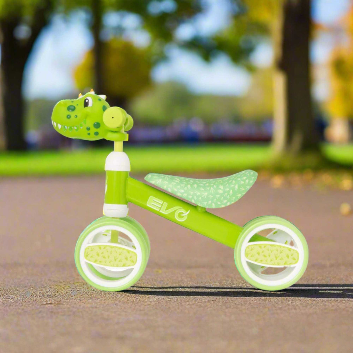 Fun and colourful EVO Character Heads Bobble Bike featuring adorable Unicorn and Dino designs for kids, perfect for teaching children balance and coordination.