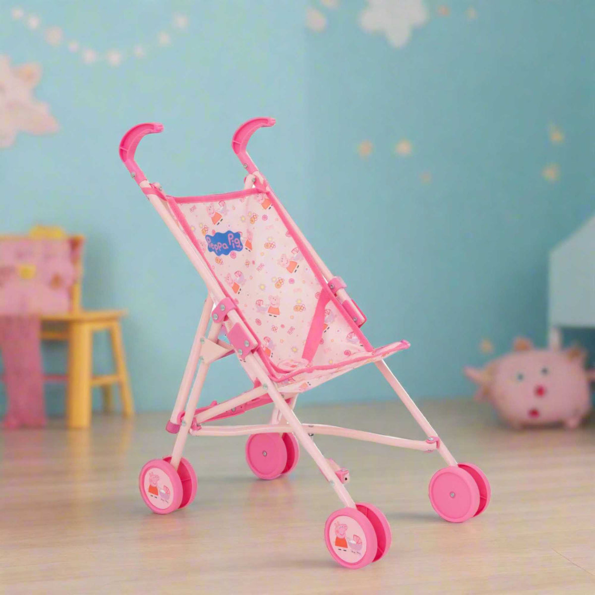 Peppa Pig Single Dolls Stroller, featuring a vibrant design with Peppa Pig-themed accents, ideal for children&#39;s imaginative play with their favourite dolls